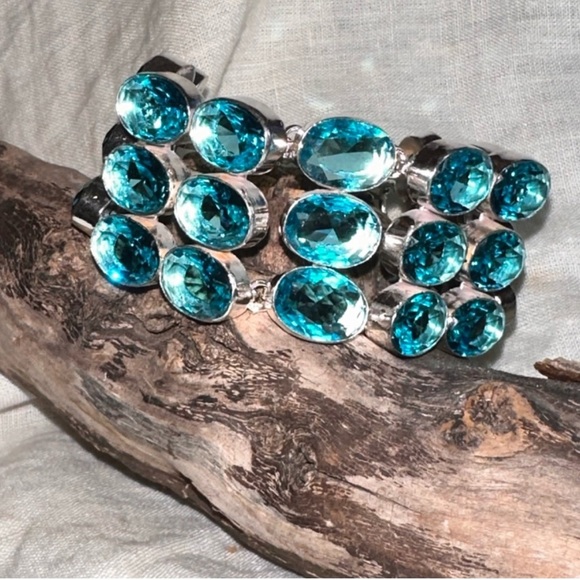 Sparkly 3-tiered Blue Topaz Cluster Statement Cuff Bracelet - Picture 7 of 11